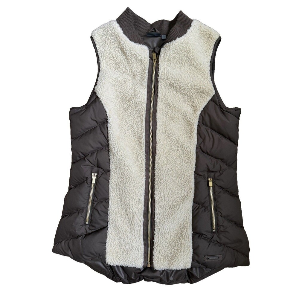Athleta Women’s M Forest Green Quilted Puffer Vest Cream Sherpa Fleece Gold Zip